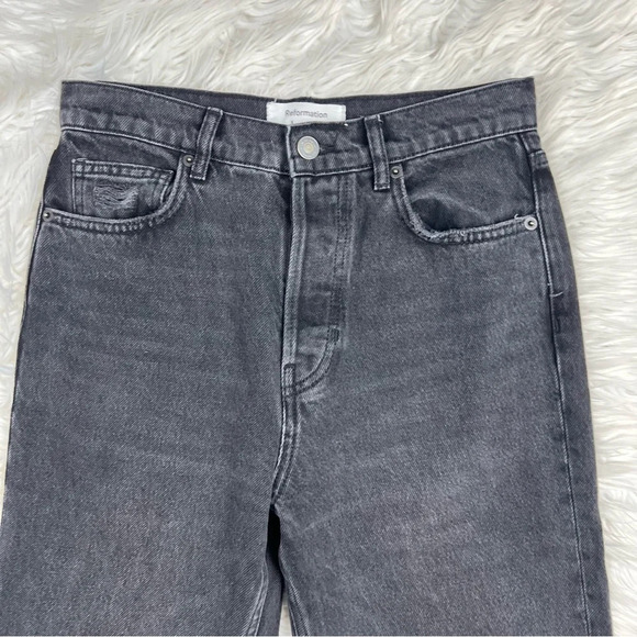 REFORMATION Cynthia High Rise Straight Jeans Lagoon Destroyed Black Denim - Picture 6 of 13